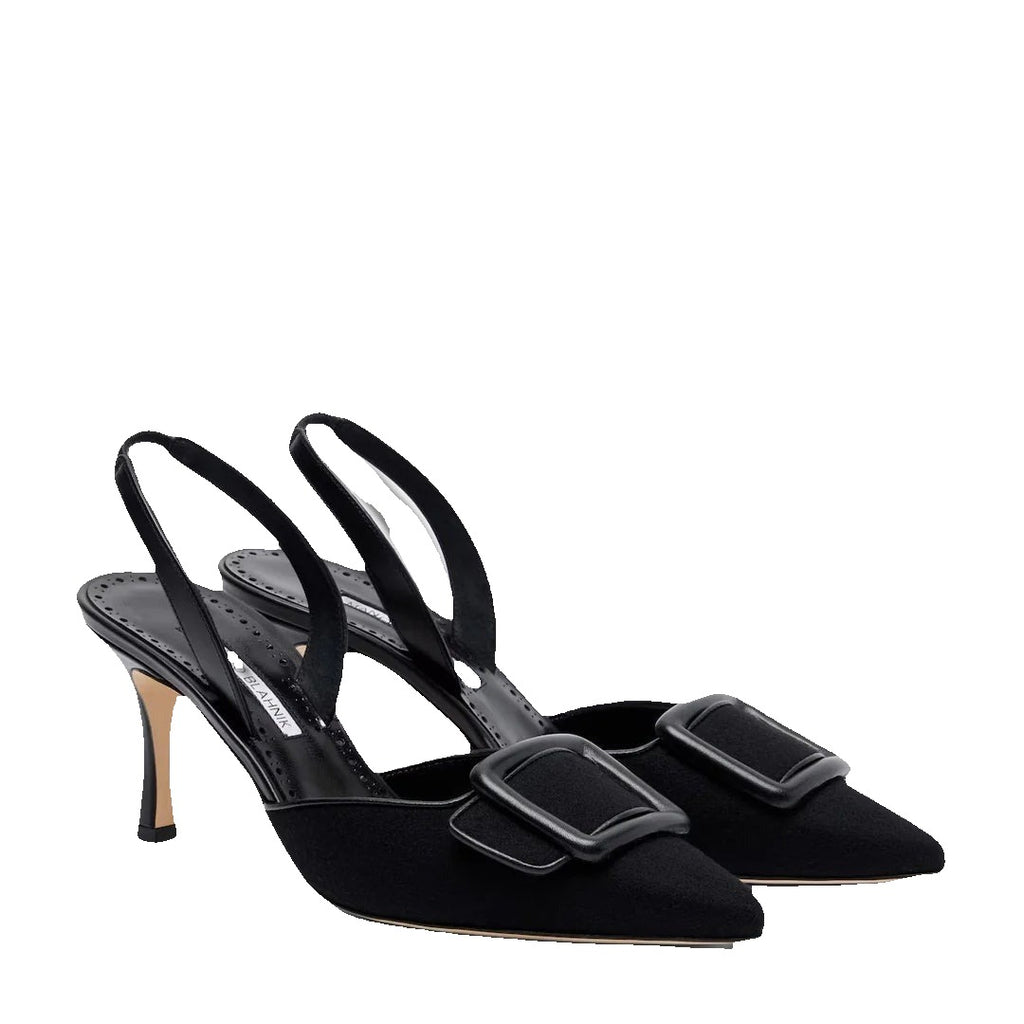 Manolo Blahnik Mayslibi 70 Buckled Leather-Trimmed Velvet Slingback Pumps - Black