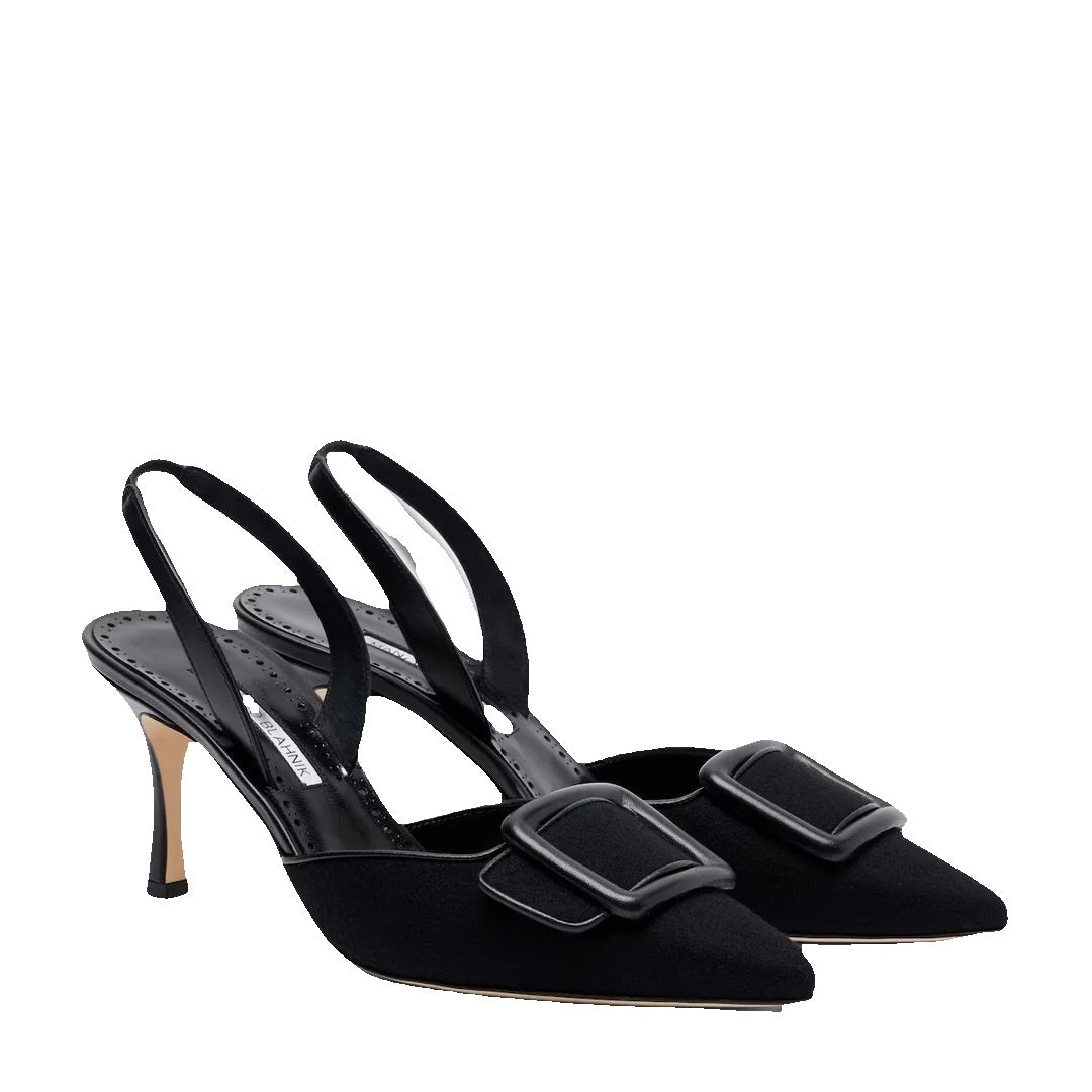 Manolo Blahnik Mayslibi 70 Buckled Leather-Trimmed Velvet Slingback Pumps - Black