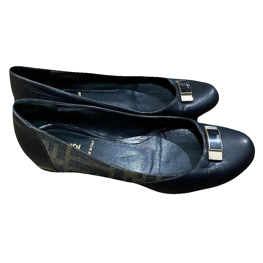 Fendi FF-Logo Buckle Bow Ballet Flats - Black