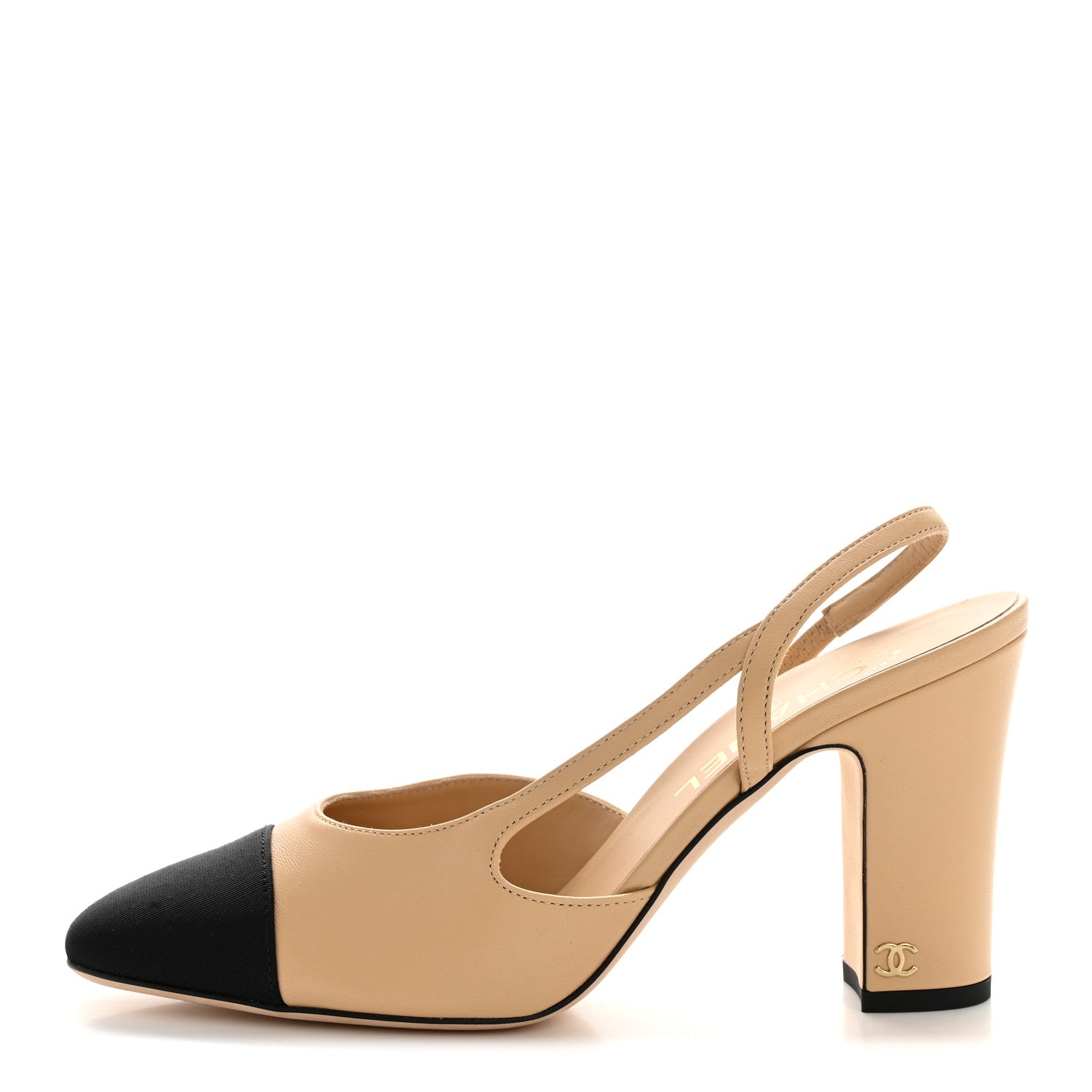 CHANEL GOATSKIN GROSGRAIN CAP TOE CC SLINGBACK PUMP BEIGE BLACK