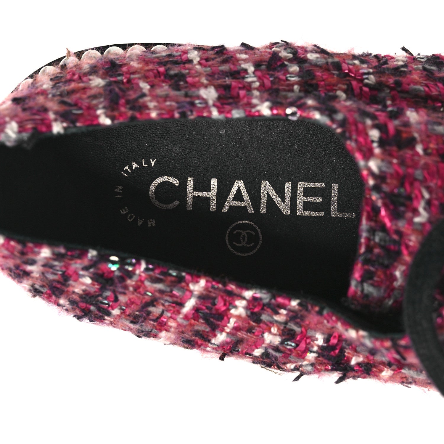 CHANEL TWEED GROSGRAIN SEQUIN PEARL LACE UP SNEAKER BLACK