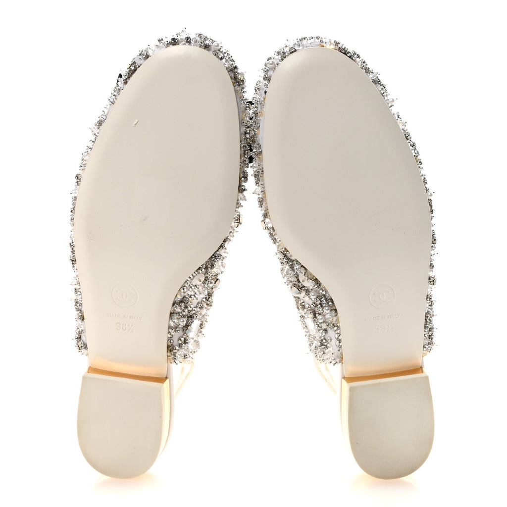 CHANEL SATIN CRYSTAL LAMBSKIN GROSGRAIN BOW CC SLINGBACK FLATS WHITE BLACK