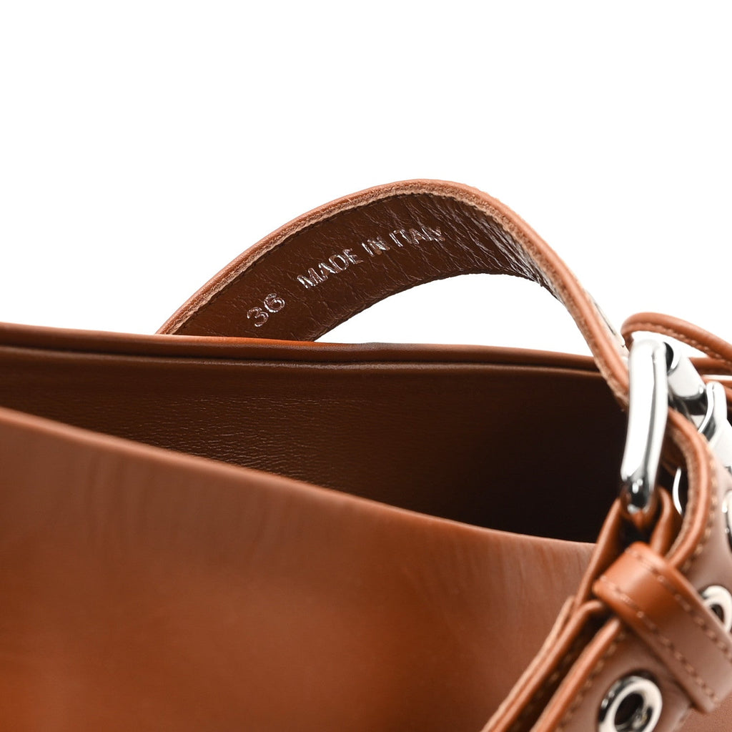 MIU MIU CALFSKIN MARY JANE BALLERINA FLAT COGNAC