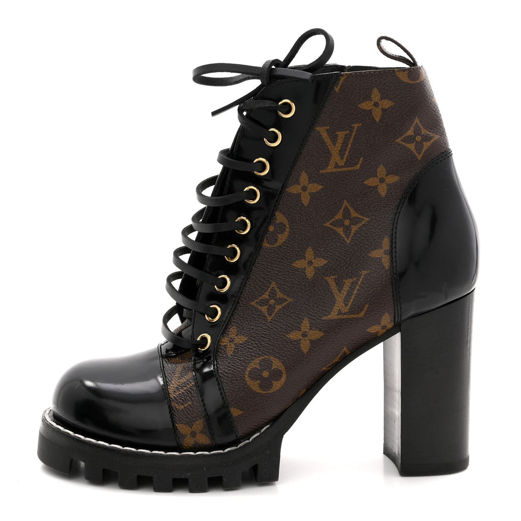 LOUIS VUITTON PATENT CALFSKIN MONOGRAM STAR TRAIL ANKLE BOOTS BLACK