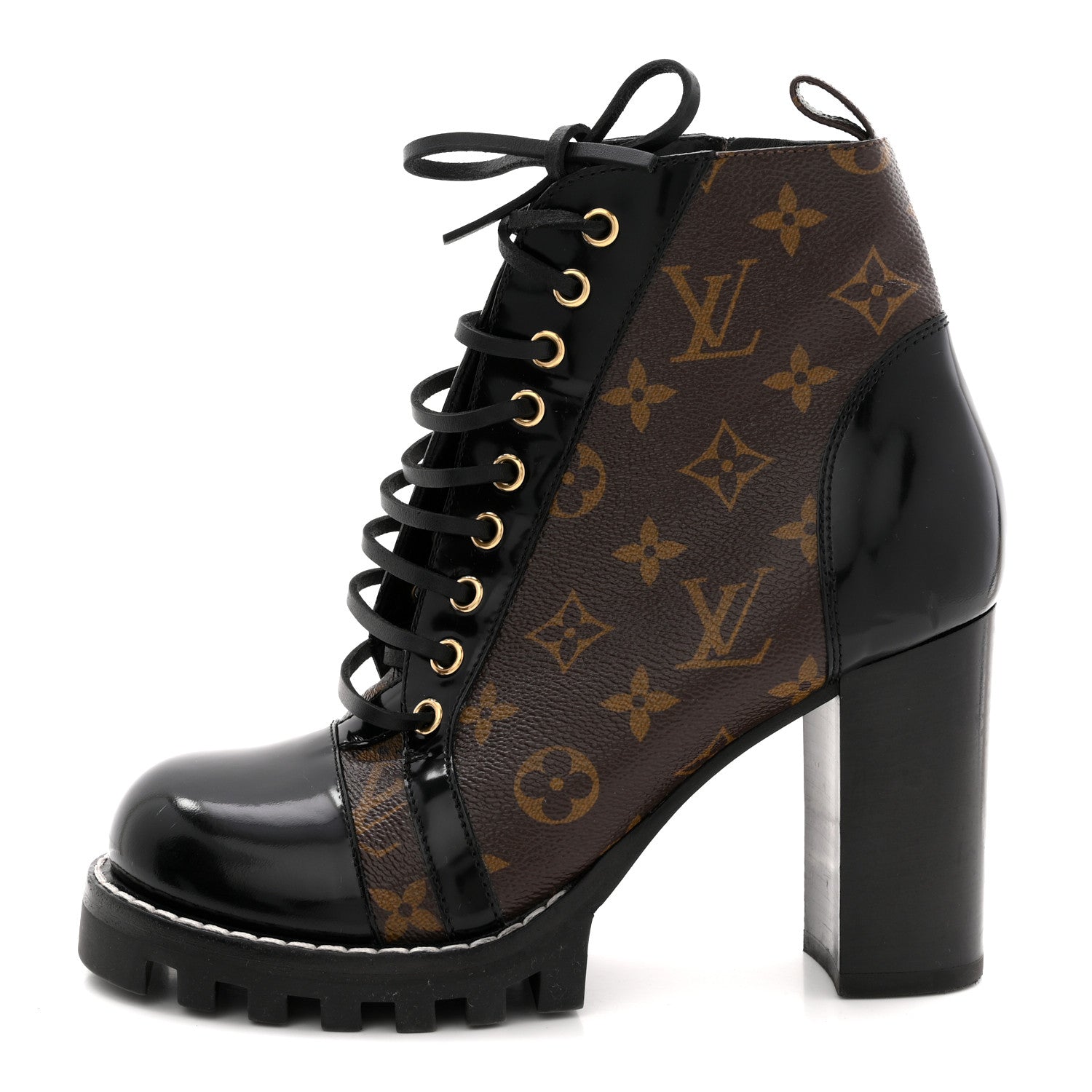 LOUIS VUITTON PATENT CALFSKIN MONOGRAM STAR TRAIL ANKLE BOOTS BLACK