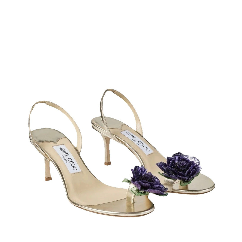 Jimmy Choo 70mm Freja Flower Leather Sandals - Gold/Purple