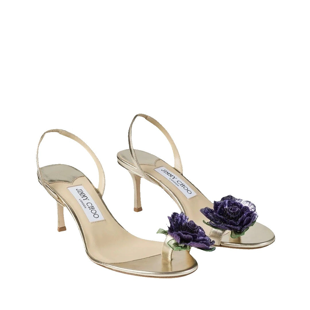 Jimmy Choo 70mm Freja Flower Leather Sandals - Gold/Purple