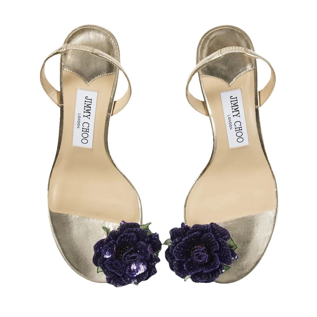 Jimmy Choo 70mm Freja Flower Leather Sandals - Gold with Purple Flower