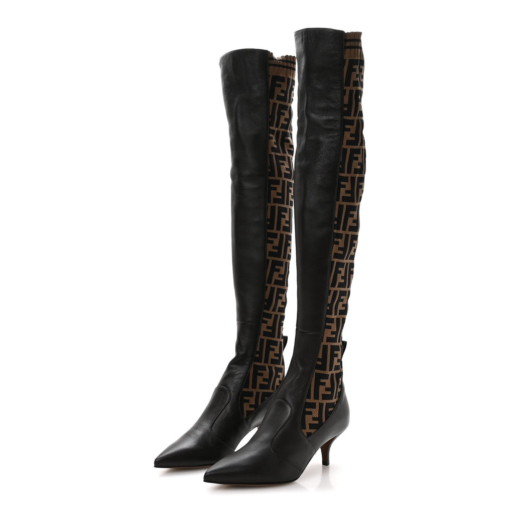 FENDI FF ROCKOKO NAPPA MICROFIBER THIGH HIGH BOOT EBANO TOBACCO