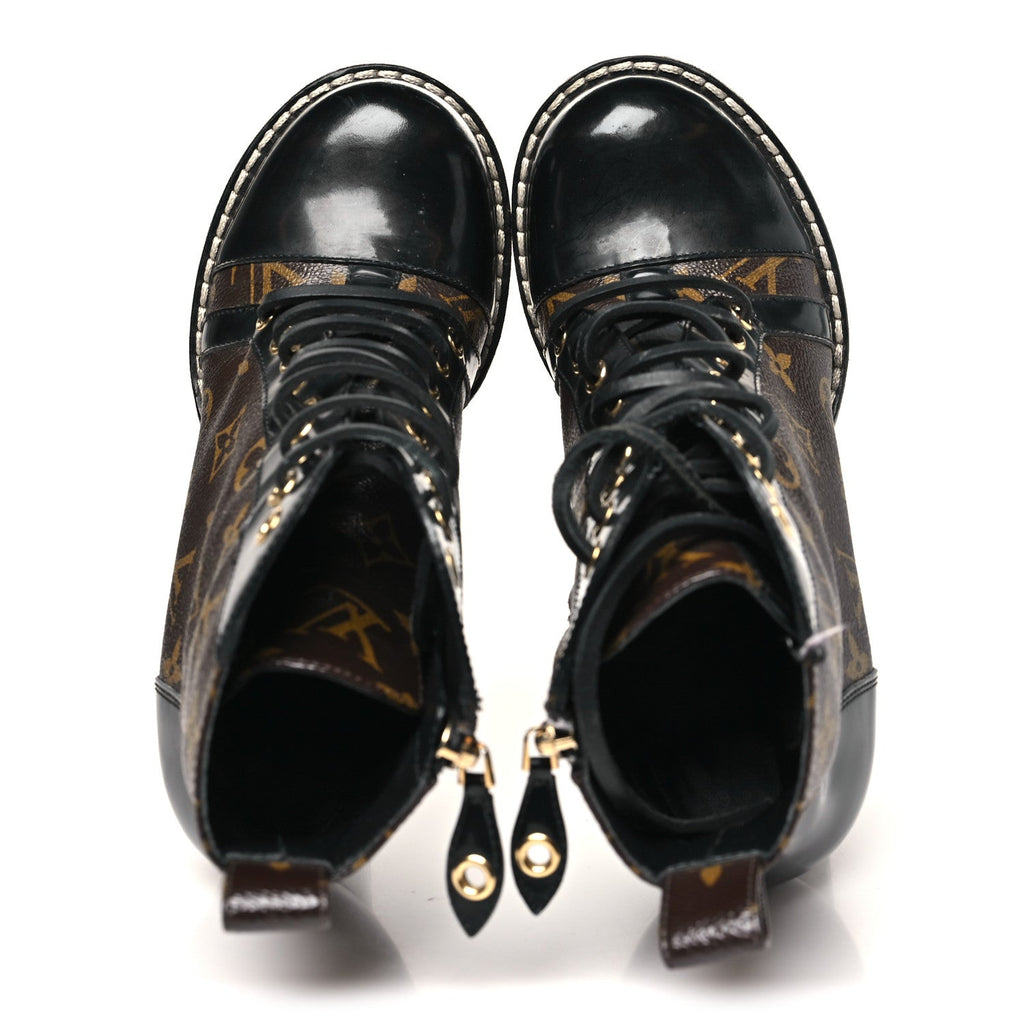 LOUIS VUITTON PATENT CALFSKIN MONOGRAM STAR TRAIL ANKLE BOOTS BLACK