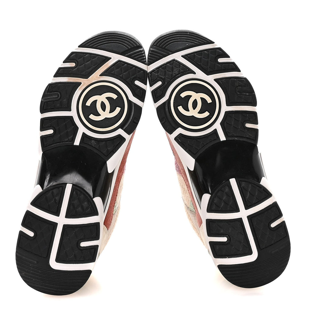 CHANEL FABRIC SUEDE CALFSKIN CC SNEAKERS PINK BEIGE WHITE & MULTICOLOR RAINBOW