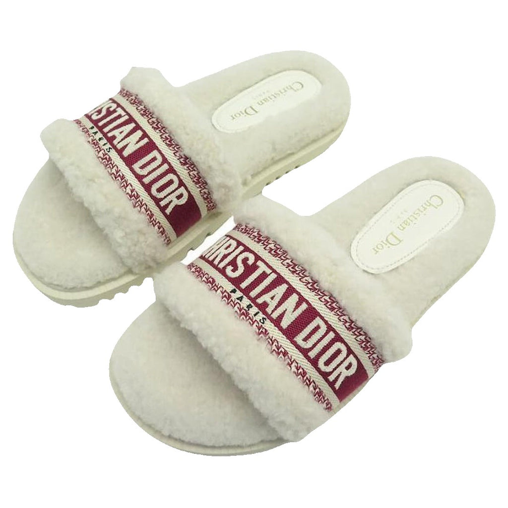 Christian Dior Dway Shearling Slide Sandals Cookie - White