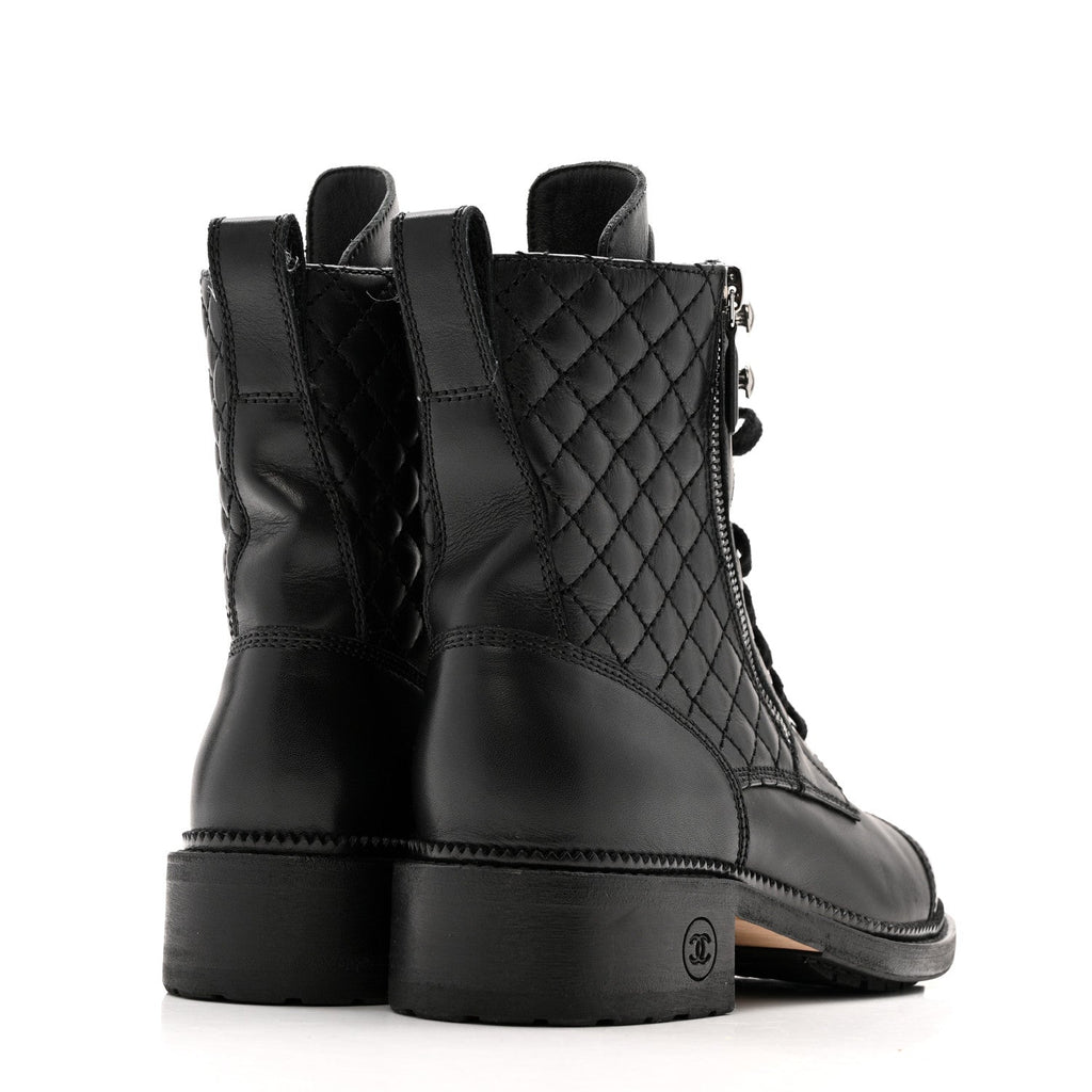 CHANEL QUILTED LACE UP COMBAT BOOTS CALFSKIN BLACK SHW