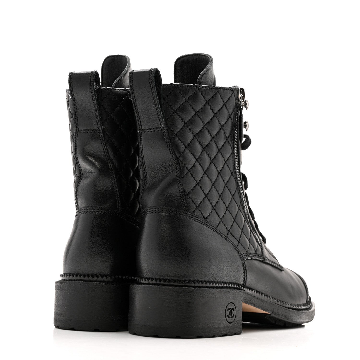CHANEL QUILTED LACE UP COMBAT BOOTS CALFSKIN BLACK SHW