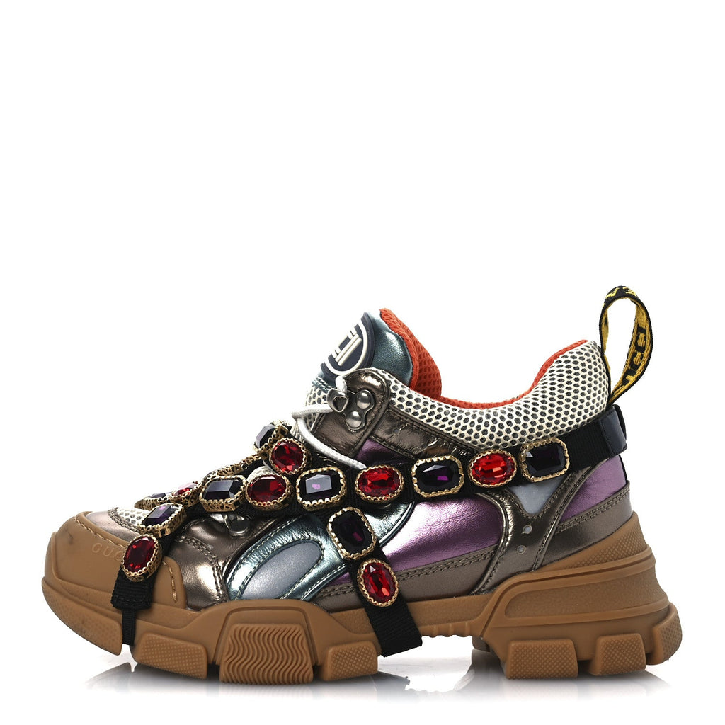 GUCCI FLASHTREK MESH CALFSKIN REMOVABLE CRYSTALS SNEAKERS WHITE