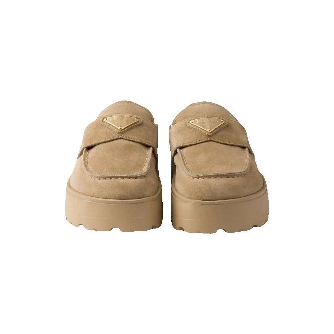 Prada Suede Mules - Beige with Platform Sole