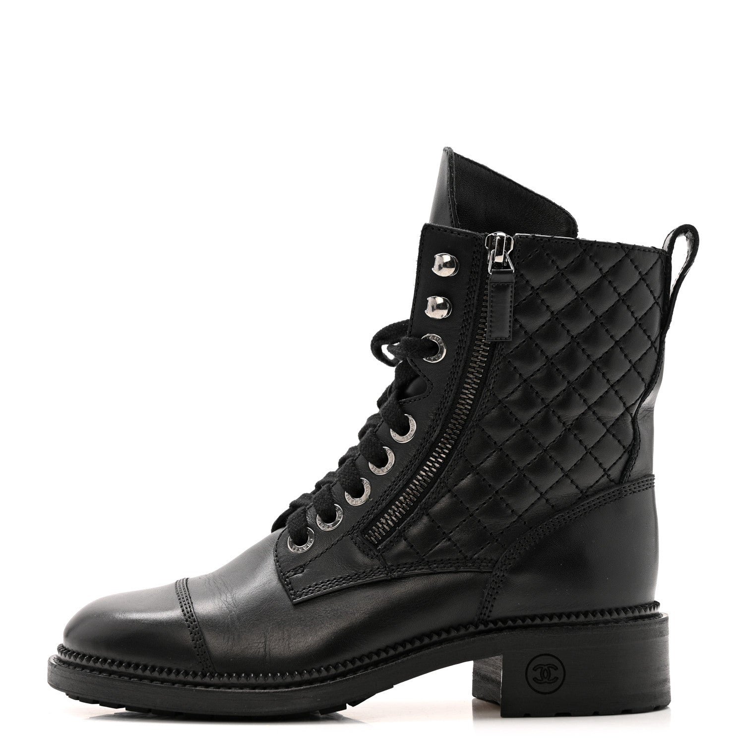 CHANEL QUILTED LACE UP COMBAT BOOTS CALFSKIN BLACK SHW