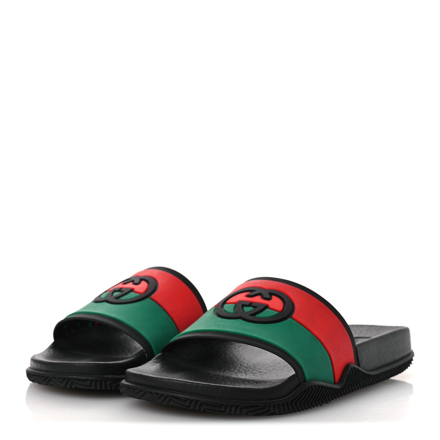 GUCCI RUBBER WEB INTERLOCKING G SLIDE SANDALS BLACK GREEN WHITE