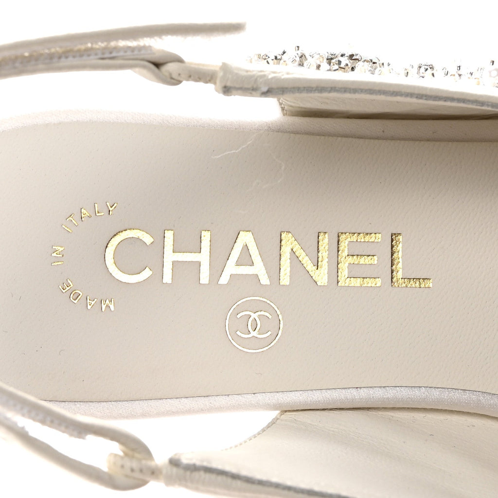 CHANEL SATIN CRYSTAL LAMBSKIN GROSGRAIN BOW CC SLINGBACK FLATS WHITE BLACK