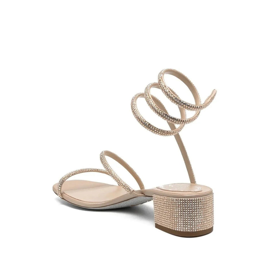 René Caovilla Embellished Flower Wrap Heeled Sandal 105 - Nude/Beige