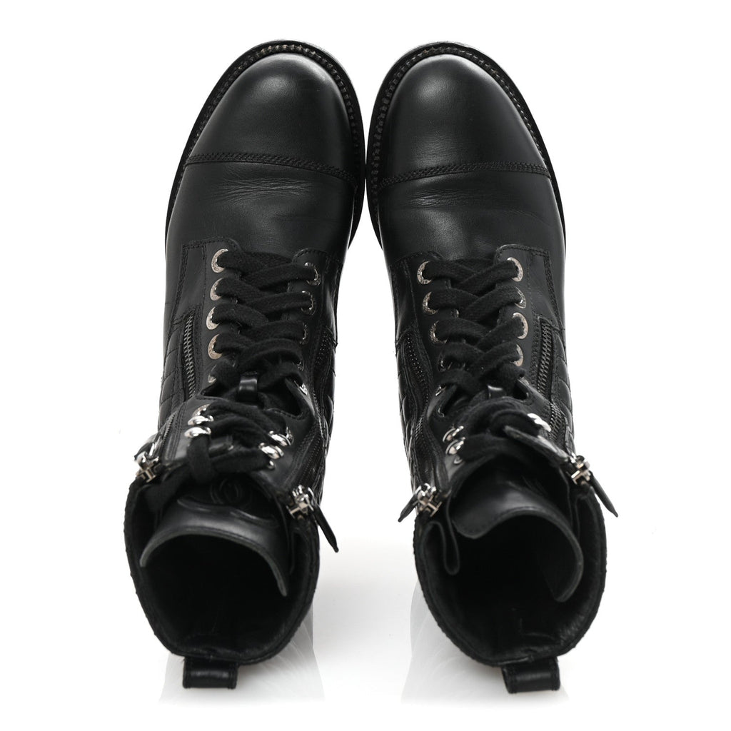 CHANEL QUILTED LACE UP COMBAT BOOTS CALFSKIN BLACK SHW