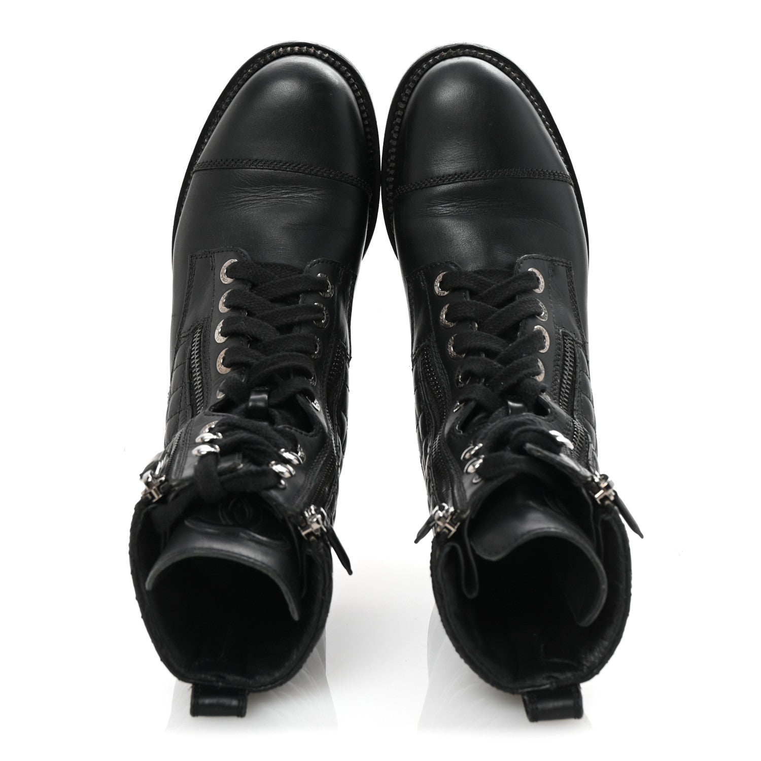 CHANEL QUILTED LACE UP COMBAT BOOTS CALFSKIN BLACK SHW