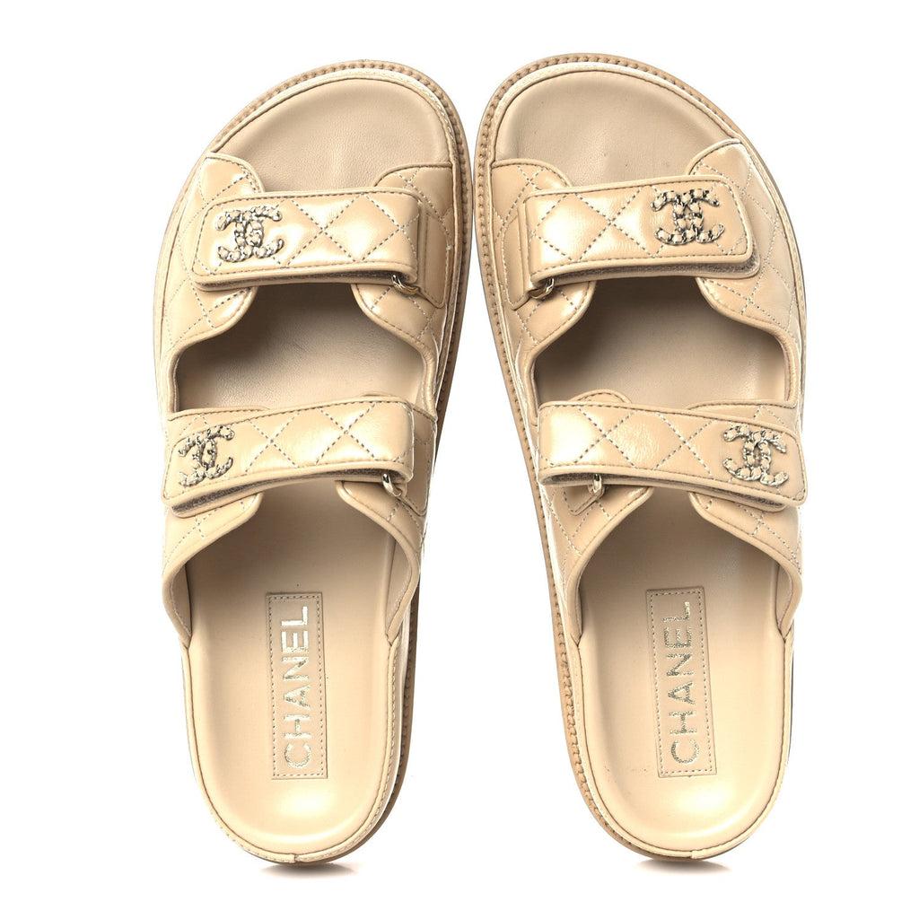 CHANEL LAMBSKIN QUILTED VELCRO DAD CHAIN CC SLIDE SANDAL PINK