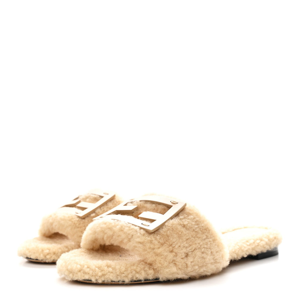 FENDI SHEARLING FF BAGUETTE SLIDE SANDAL BEIGE NATURALE BEIGE