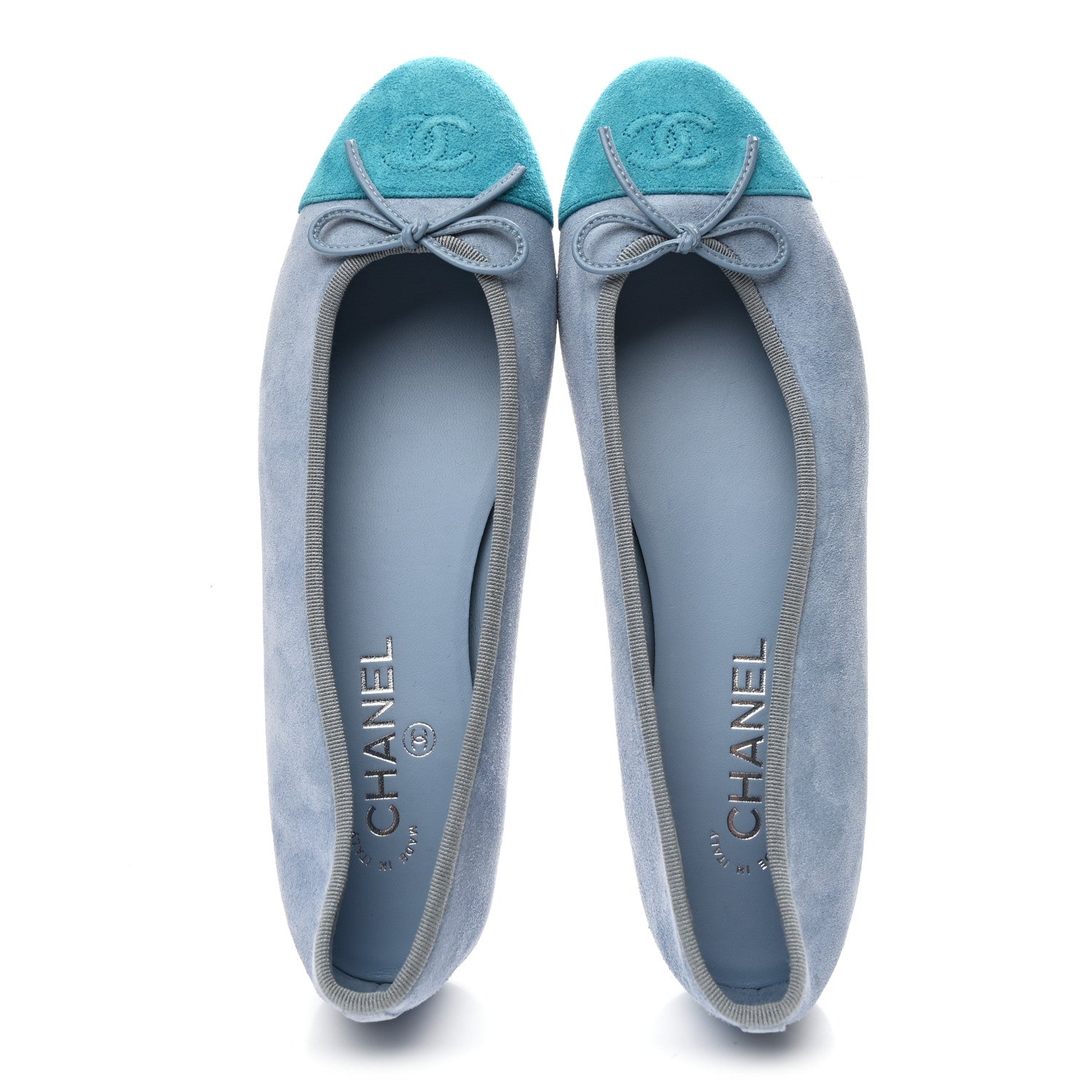 CHANEL SUEDE CAP TOE CC BALLERINA FLAT LIGHT BLUE TURQUOISE