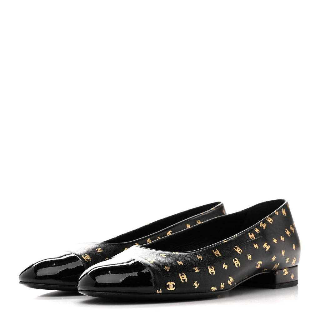 CHANEL CAP TOE BALLERINA FLATS PATENT CALFSKIN BLUE