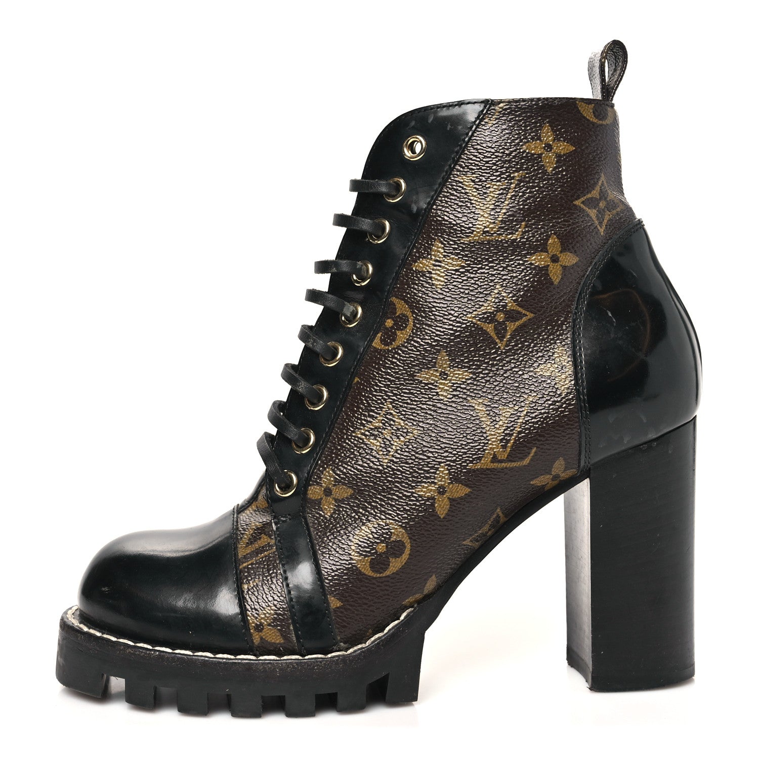 LOUIS VUITTON PATENT CALFSKIN MONOGRAM STAR TRAIL ANKLE BOOTS BLACK