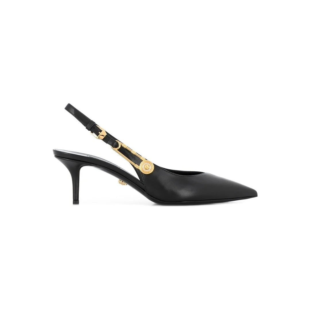 Versace 55mm Safety Pin Slingback Pumps - Black matte leather (not patent)