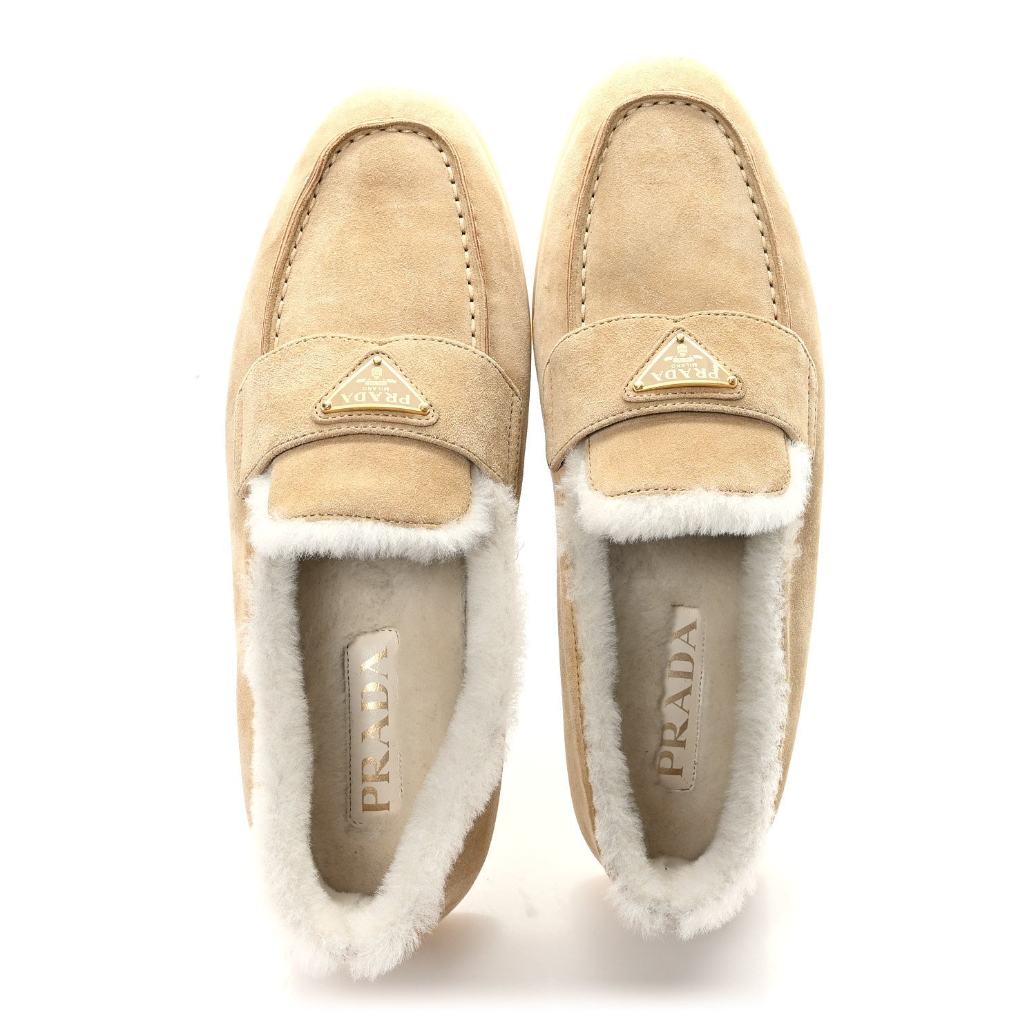 PRADA SUEDE SHEARLING TRIANGLE LOGO LUG SOLE MULES BLACK