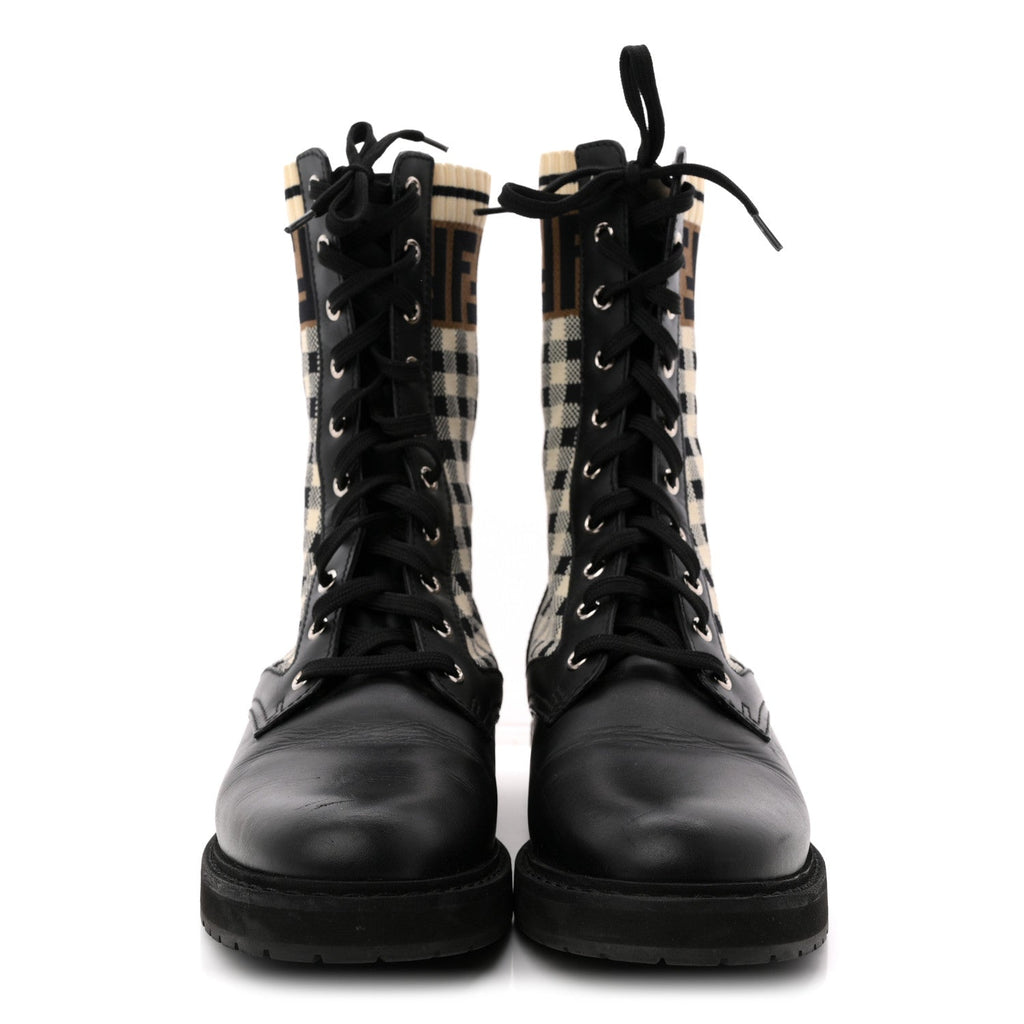 FENDI VITELLO FF VICHY ROCKOKO BIKER BOOT BLACK TOBACCO