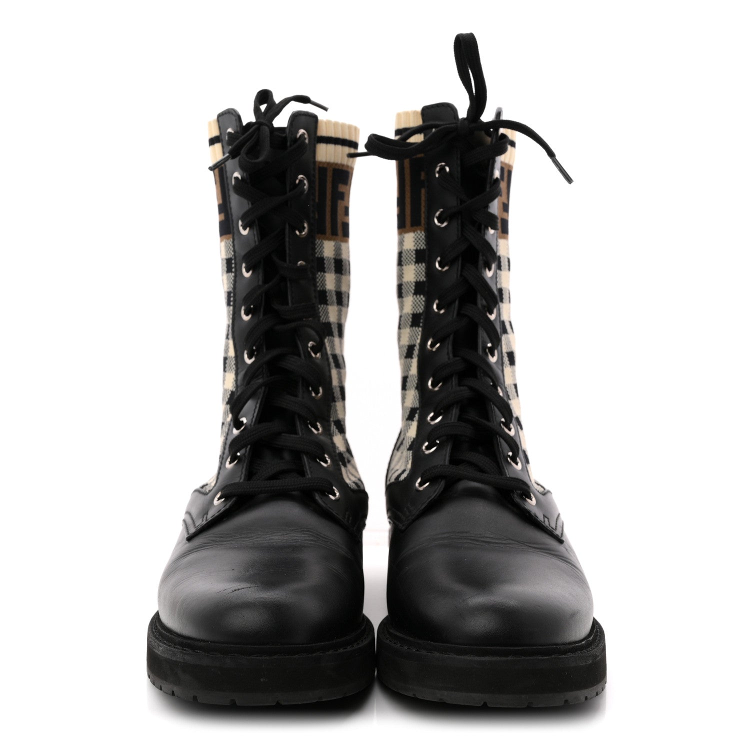 FENDI VITELLO FF VICHY ROCKOKO BIKER BOOT BLACK TOBACCO