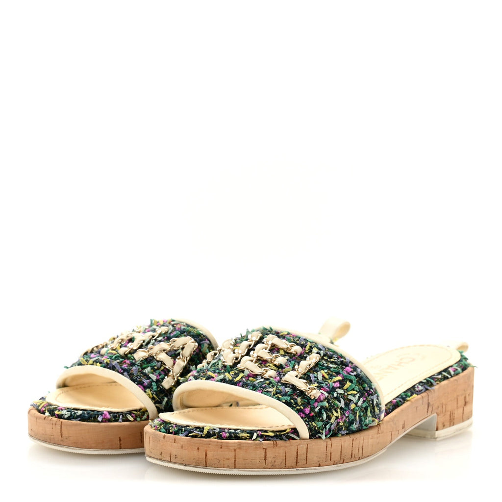 CHANEL TWEED CORK CC CHAIN MULE SANDAL WHITE