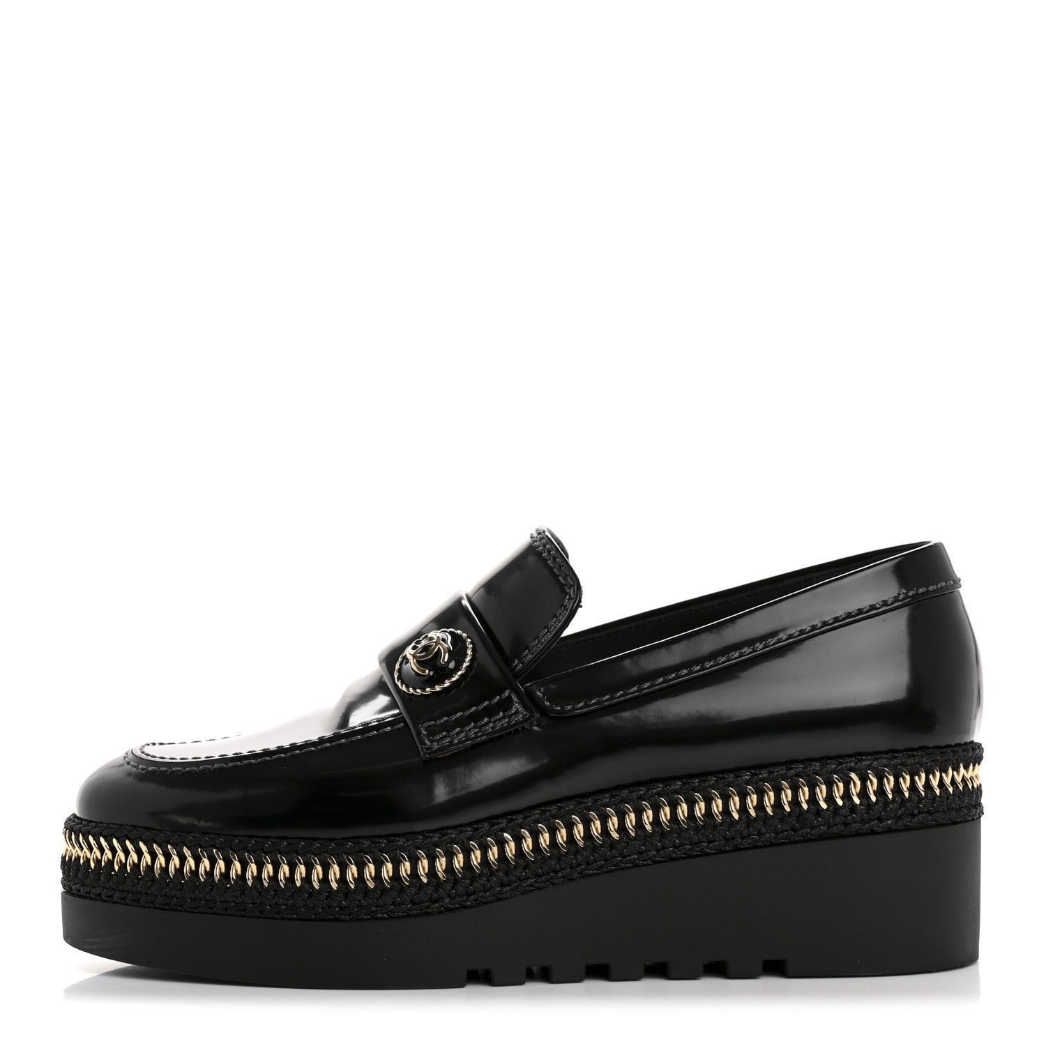 CHANEL CALFSKIN CC PLATFORM LOAFERS BLACK