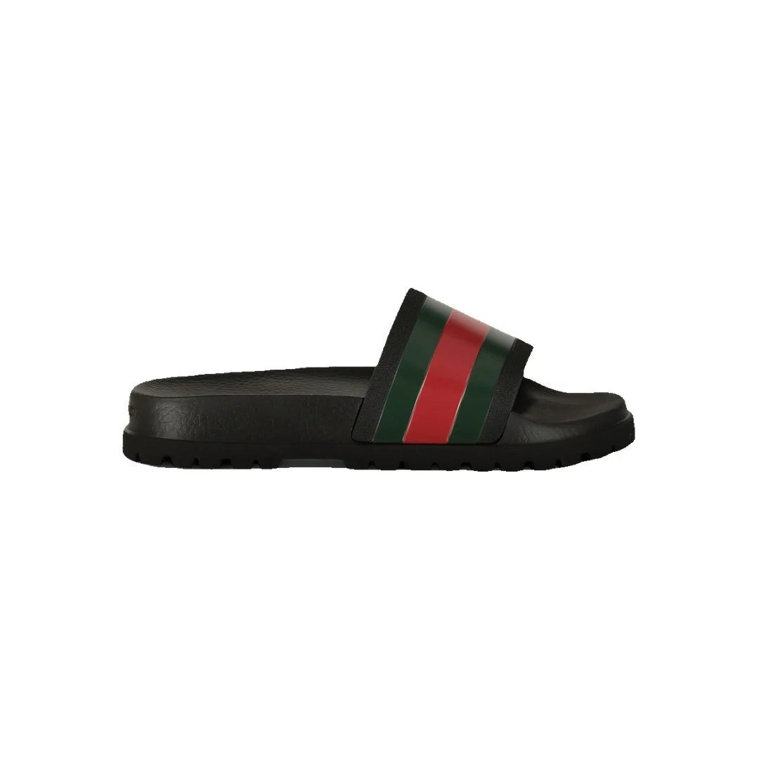 Gucci Monogram Web GG Slide Sandals - Black/Green/Red