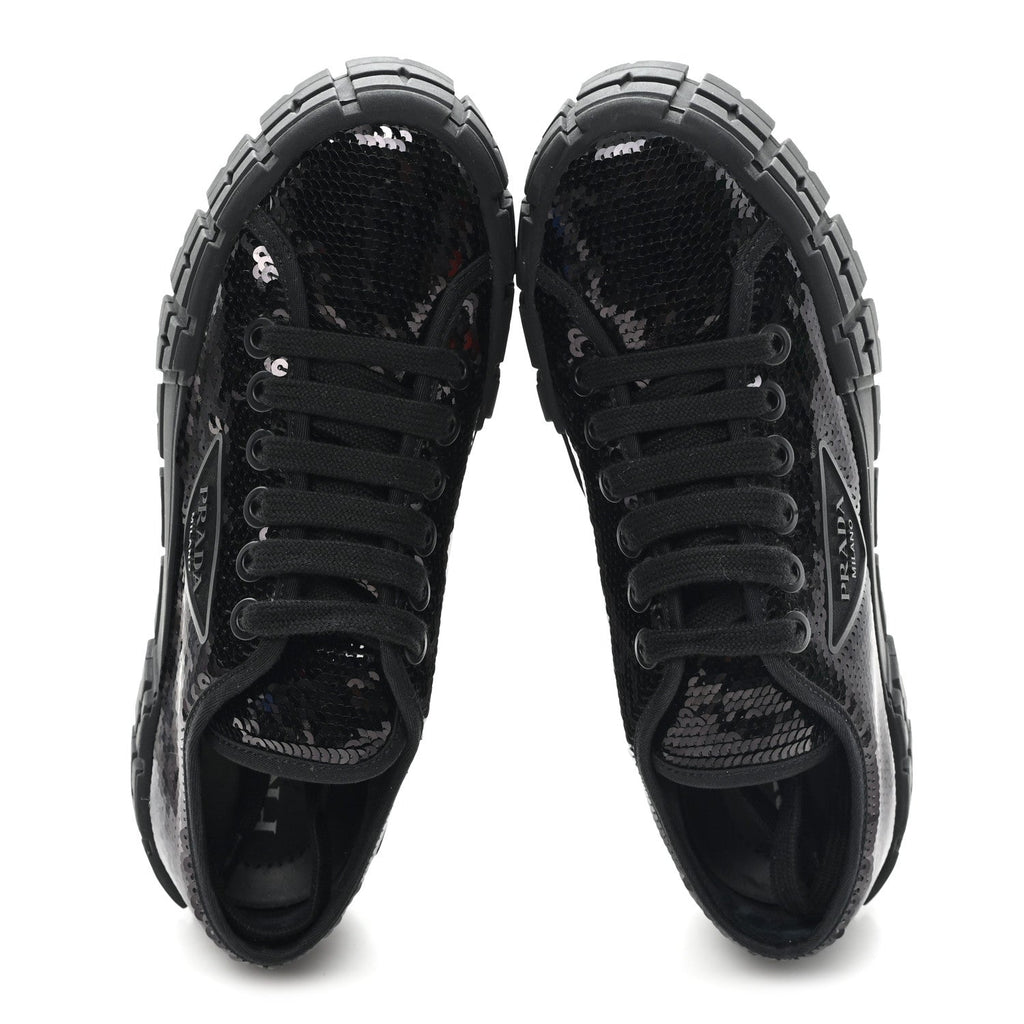 PRADA RE-NYLON GABARDINE TRIANGLE LOGO DOUBLE WHEEL SNEAKERS BLACK