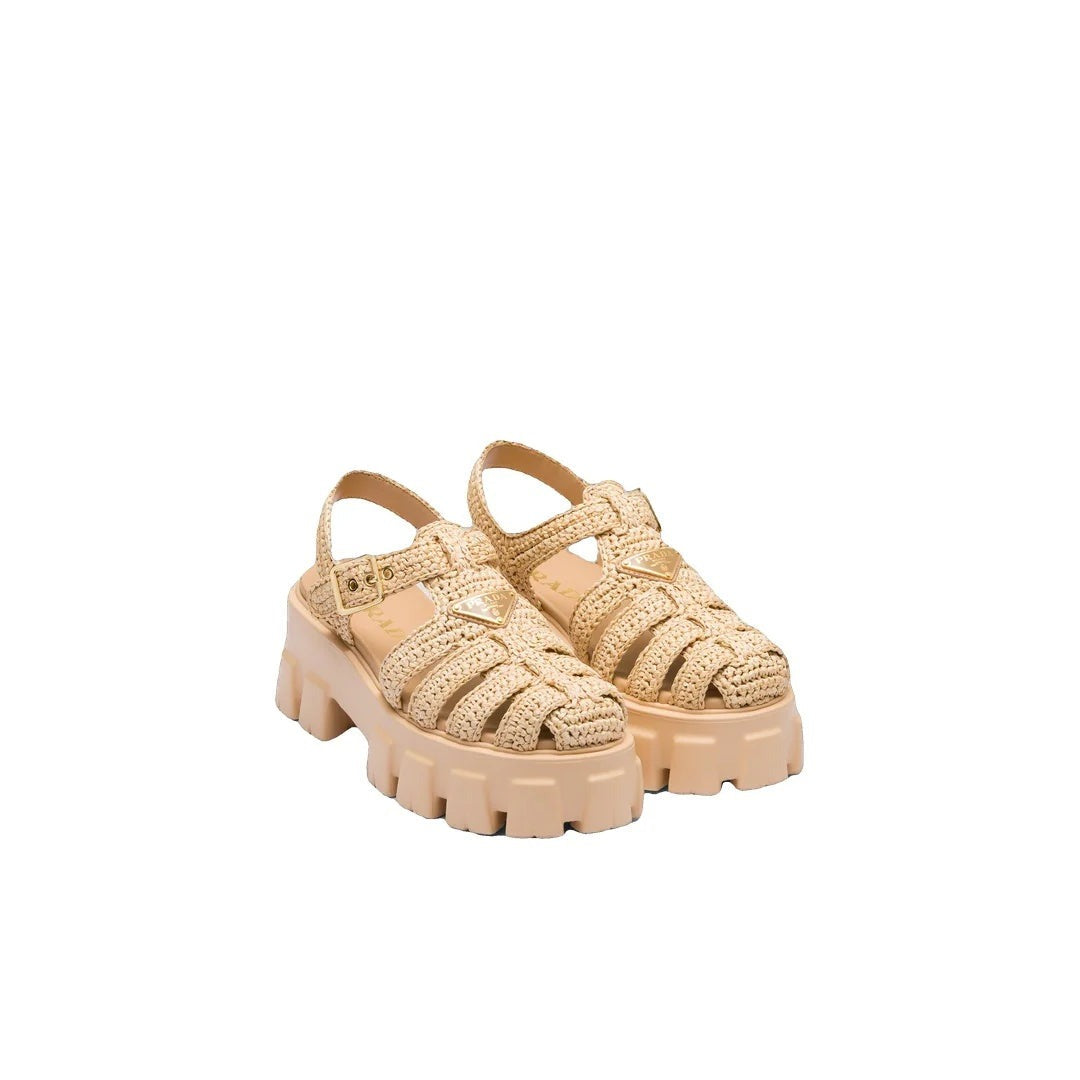 Prada Canvas Monoblock Sandals - Beige/Natural