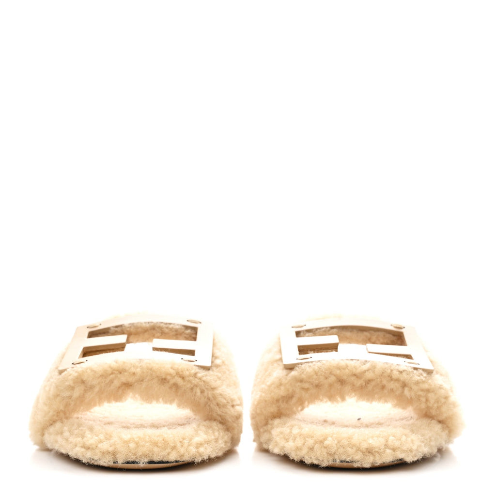 FENDI SHEARLING FF BAGUETTE SLIDE SANDAL BEIGE NATURALE BEIGE