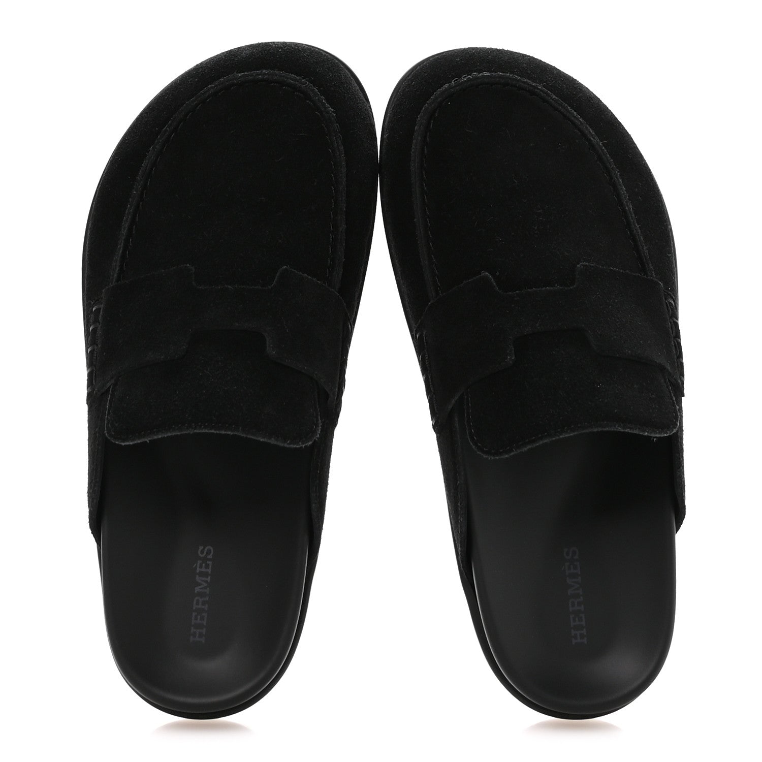 HERMÈS HERMES SUEDE CALFSKIN GO MULE BLACK WITH WHITE SHEARLING
