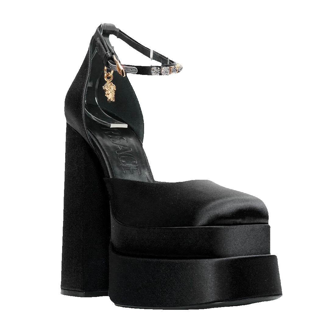 Versace Runway Aevitas 155 Satin Crystal Medusa Double Platform - Black