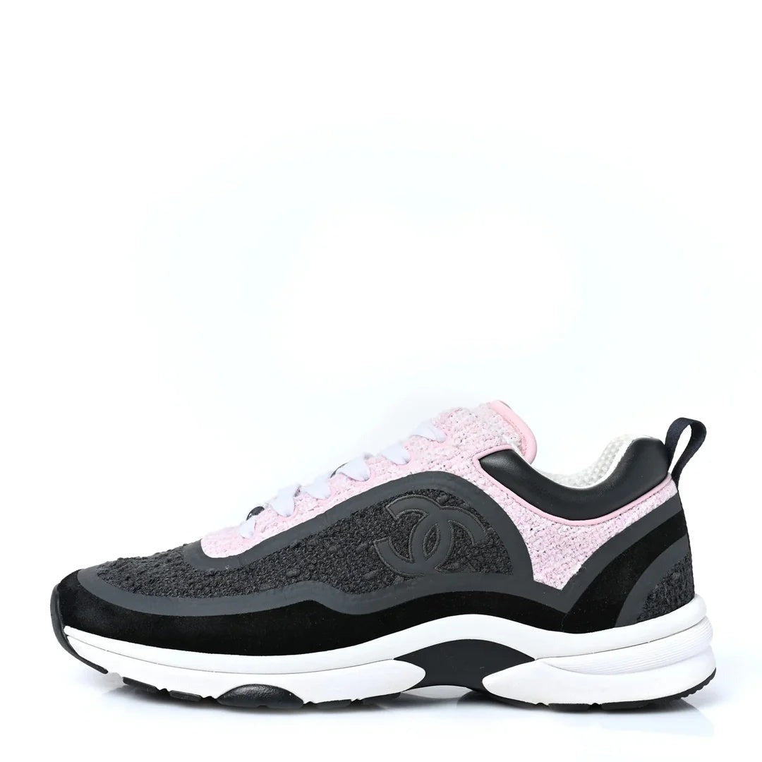 Chanel Tweed Suede Calfskin CC Sneakers Ecru Pink Red - Black/Pink