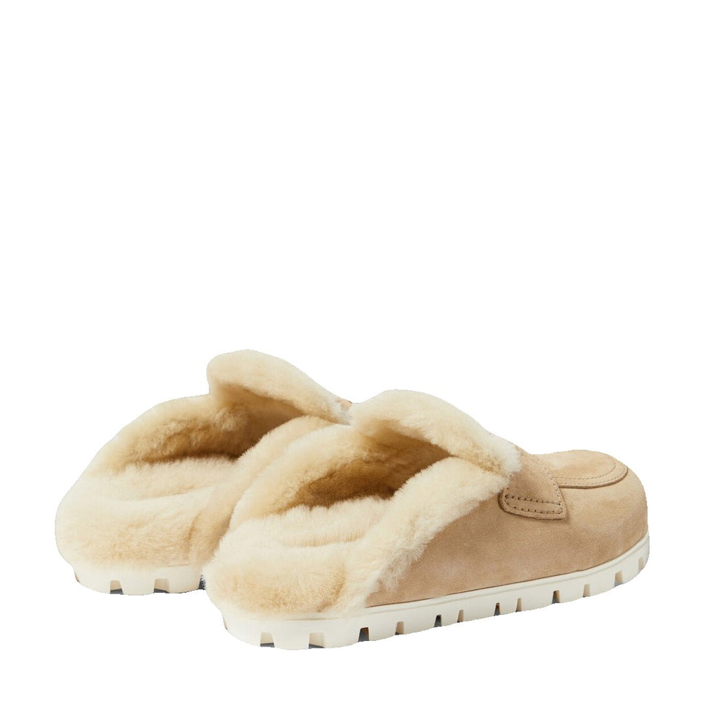 Miu Miu Suede Shearling Penny Loafer Mule - Beige