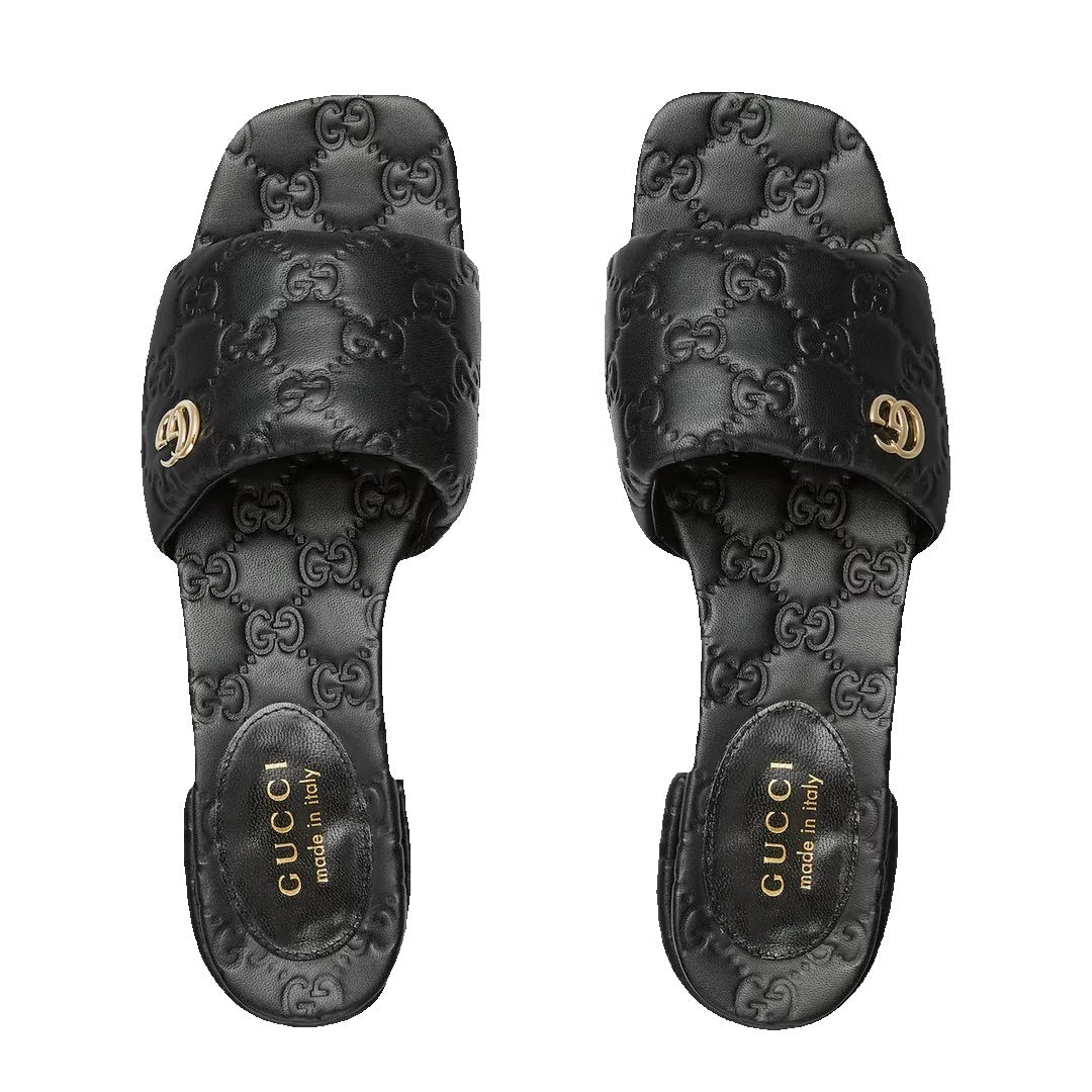 Gucci Slide Sandal with Double G, Leather - Black