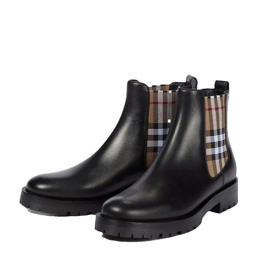 Burberry Stride Eden Chelsea Boots - Black with Vintage Check Beige Panel