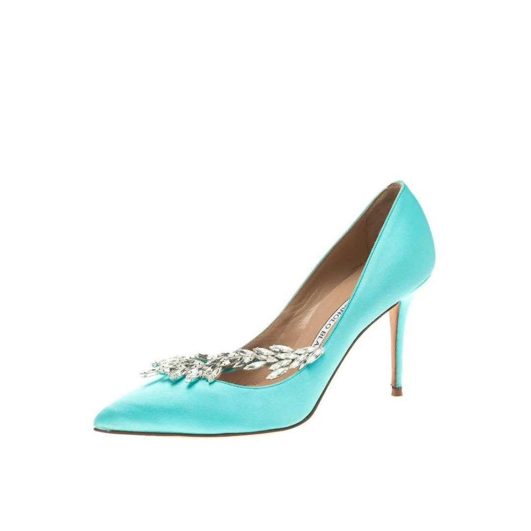 Manolo Blahnik Satin Jewel Nadira Pointed Toe Pumps - Turquoise