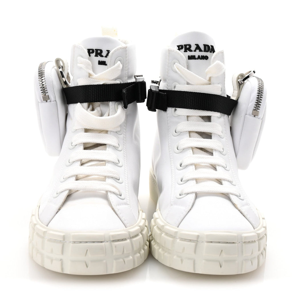PRADA RE-NYLON GABARDINE TRIANGLE LOGO DOUBLE WHEEL SNEAKERS WHITE