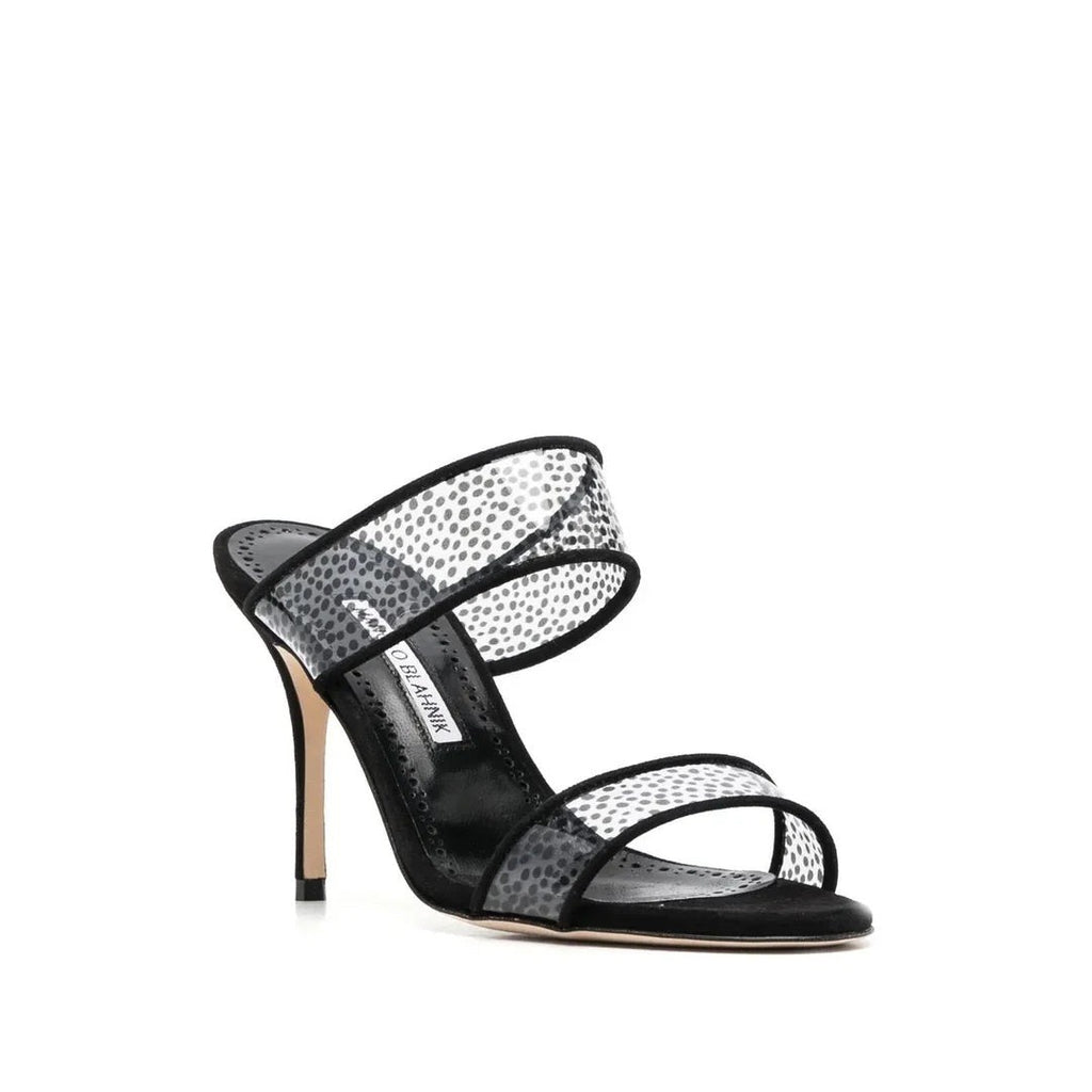 Manolo Blahnik Jadaron Polka-Dot Silk Heeled Sandals - Black/White